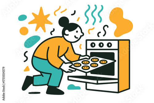 Cozy Cookie Baking. Warm Kitchen. A glowing character placing a tray of cookies into the oven, abstract floating spark and steam shapes symbolizing warmth and