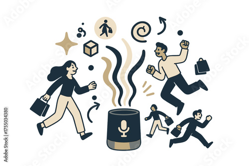 Vibrant Voice Search. Voice search marketing. Glowing smart speaker emitting colorful waveforms while shopper icons float outward. Floating icons of sparkle,