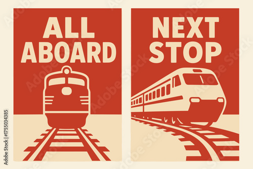 Train Station Banners. Journey. Two vertical A6 banners with safe margins, centered composition, no elements touching edges, bold, red and beige, trains and