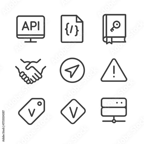 API Integration Icons. Outline icon set of API integration workflows: API endpoint, JSON payload, documentation book, API key,