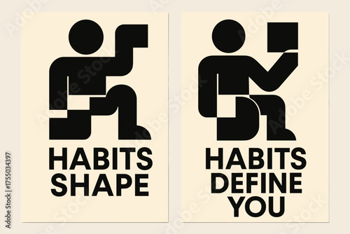 Bauhaus Habit Banners. Wisdom. Two vertical A6 banners with safe margins, centered composition, no elements touching edges, bauhaus style, black and cream,