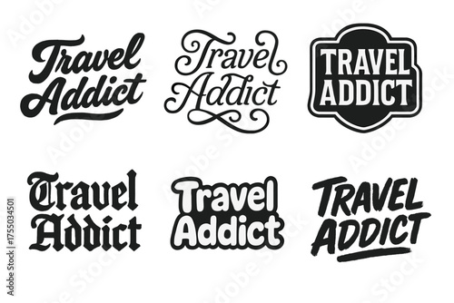 Harmonious Lettering Grid. Travel Addict. Set lettering. harmonious lettering variations of the same emblematic concept, each with different artistic