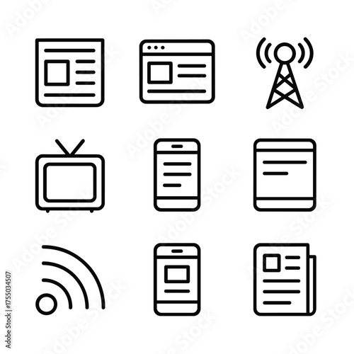 Global News Icons. Outline icon set of global news sources: newspaper, online portal, radio tower, television, smartphone, tablet,