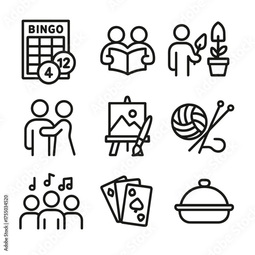 Community Event Icons. Outline icon set of community social events: bingo card, book club, gardening club, dance class, art