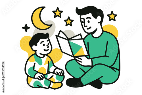 Whimsical Bedtime Story. Storytime Pajamas. Child in abstract pajamas, parent reading from floating geometric book, floating stars and moon, playful and warm