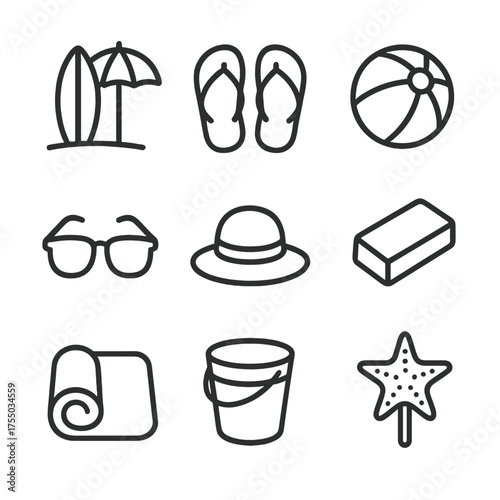 Beach Party Essentials. Outline icon set of beach party accessories: surfboard umbrella, flip-flop pair, beach ball, sunglasses,