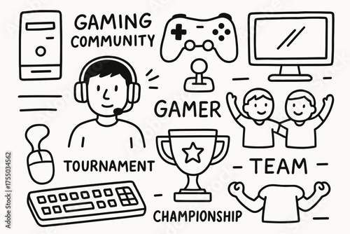 Gaming Community Doodle. Hand-drawn doodle illustration. Hand-drawn doodle illustration gaming community, console, controller, joystick, monitor, keyboard,