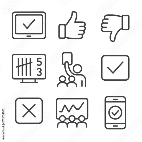 Audience Voting Icons. Outline icon set of live audience voting: voting tablet, thumbs up sign, thumbs down sign, digital tally