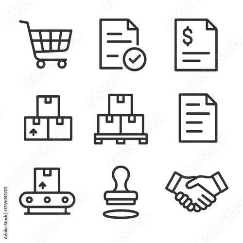 Bulk Order Icons. Outline icon set of bulk order processing: shopping cart, purchase order, invoice, bulk boxes, pallet stack,