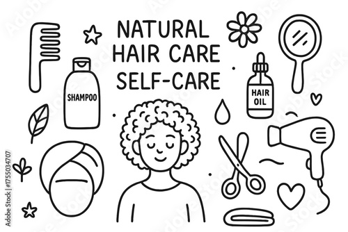 Natural Hair Care Icons. Natural hair care and self-care. Hand-drawn doodle illustration natural hair care comb, brush, shampoo bottle, conditioner bottle,