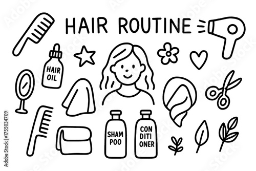 Hair Care Essentials. Hair routine. Hand-drawn doodle illustration hair routine comb, brush, shampoo bottle, conditioner bottle, towel, mirror, scissors, star,
