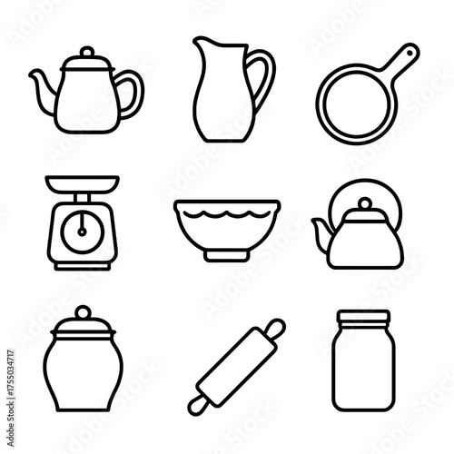 Classic Kitchenware Icons. Outline icon set of classic kitchenware and serveware: enamel teapot, porcelain pitcher, cast iron