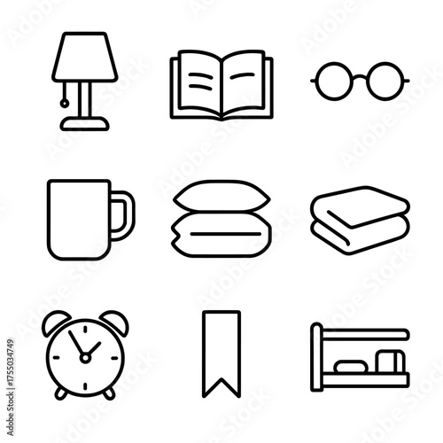 Bedside Reading Icons. Outline icon set of bedside reading setups: nightstand lamp, open book, reading glasses, coffee mug, pillow