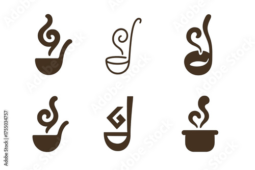 Stew Logo Variations. Making stew. Set Logo of Making stew: ladle with steam swirl. harmonious logo variations of the same emblematic concept, each with