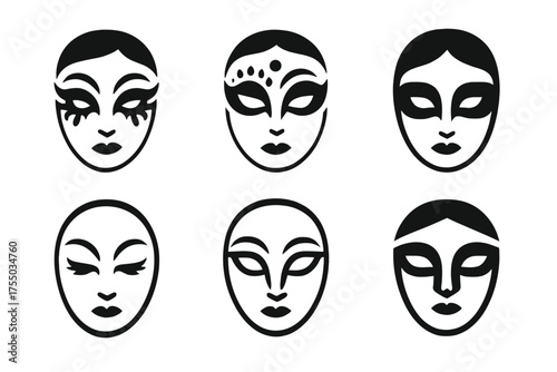 Stage Makeup Logos. Makeup for Stage Performance. Set Logo of Makeup for Stage Performance: face with exaggerated stage eyes. harmonious logo variations of the