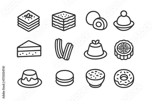 Traditional Desserts Icons. Traditional desserts. Line icon set of Traditional desserts: baklava, tiramisu, mochi, gulab jamun, cheesecake, churro, panna
