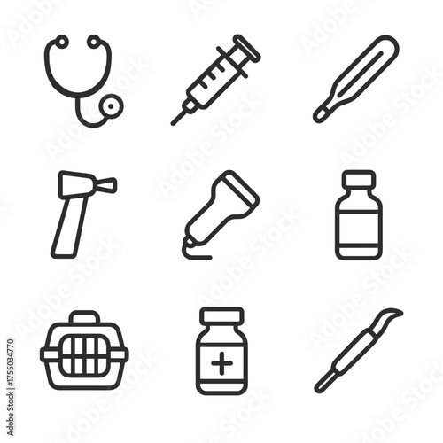 Animal Clinic Tool Icons. Outline icon set of small animal clinic tools: stethoscope, syringe, thermometer, otoscope, ultrasound