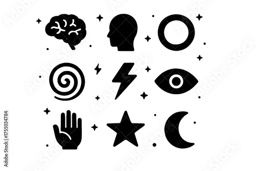 Psychic Energy Icons. Psychic energy. Solid icons set of Psychic energy: brain, human silhouette, aura ring, spiral, lightning, eye, hand, star, moon, flame,