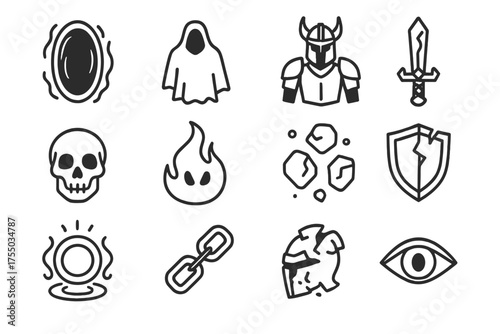 Shadowed Void Icons. Shadowed void. Line icon set of Shadowed void: void portal, shadowy figure, dark knight, cursed sword, skull, eerie flame, floating rocks,