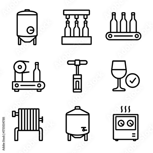 Beverage Production Equipment Icons. Outline icon set of beverage production line: stainless steel tank, bottling machine,