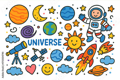 Children's Cosmic Doodles. Universe. Colorful Hand-drawn doodle Children illustration galaxy, telescope, rocket, astronaut, star, moon, sun, planet, comet,