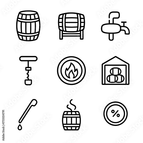 Barrel Aging Icons. Outline icon set of barrel aging and maturation: oak barrel, barrel rack, tasting port, bung removal tool,