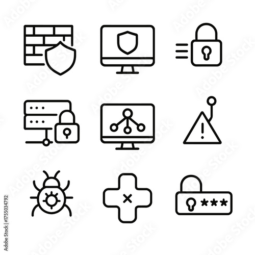 Cybersecurity Icon Set. Outline icon set of cyberterrorism prevention: firewall shield, antivirus software, encryption lock,