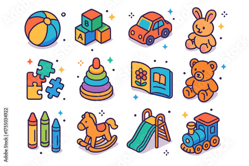 Playtime Fun Icons. Playtime Fun. Colorful isometric vector icons set of playtime fun: ball, building blocks, toy car, stuffed animal, puzzle pieces, stacking