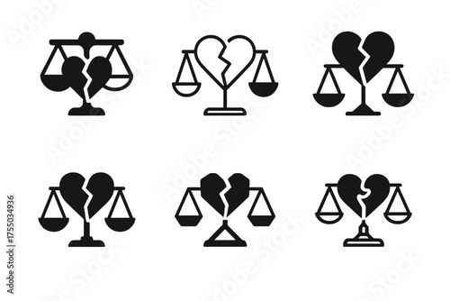 Divorce Logo Variations. Navigating divorce and separation. Set Logo of Navigating divorce and separation: scales with broken heart. harmonious logo variations