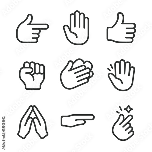Hand Gesture Icons. Outline icon set of hand gestures for emphasis: pointing finger, open palm, thumbs up, clenched fist, hand on