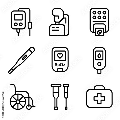 Home Medical Equipment Icons. Outline icon set of home medical equipment: infusion pump, nebulizer, medication dispenser, digital