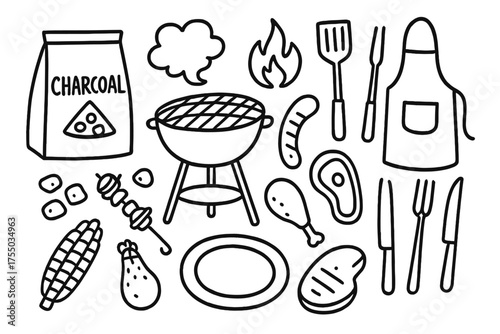 Charcoal Grill Doodle. Charcoal grilling. Hand-drawn doodle illustration charcoal grilling grill, flame, smoke, charcoal bag, sausage, steak, chicken leg,