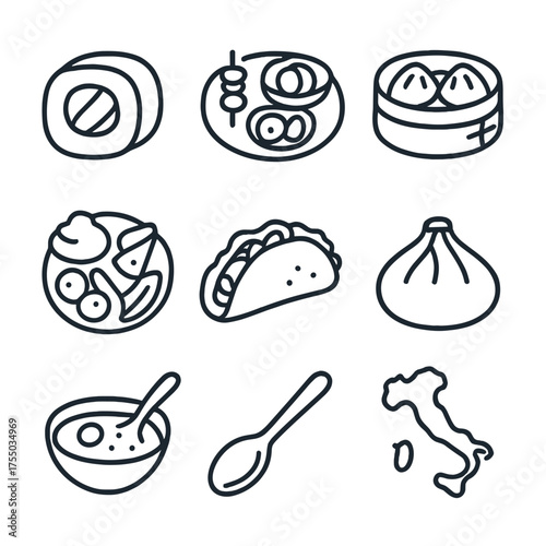 Global Cuisine Icons. Outline icon set of international tasting experiences: sushi roll, tapas plate, dim sum basket, mezze