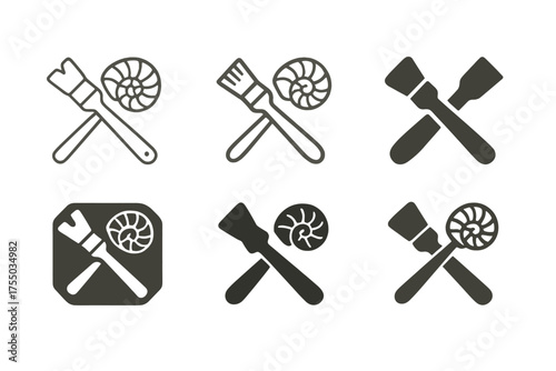 Fossil Enthusiasts' Logos. Fossil hunting and paleontology enthusiasts. Set Logo of Fossil hunting and paleontology enthusiasts: fossil brush and chisel.
