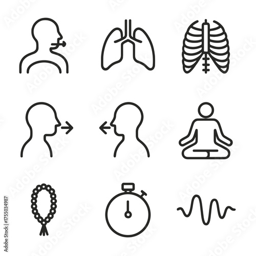 Breathing Exercise Icons. Outline icon set of Breathing and relaxation exercises: diaphragm, lungs, rib cage expansion, exhale