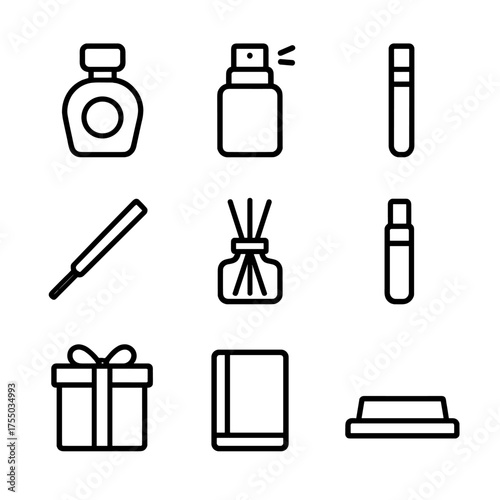 Fragrance Icons Grid. Outline icon set of fragrance shelf layout: perfume bottle, cologne spray, tester vial, scent strip,