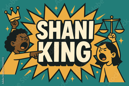 Shani King Banner. Shani King banner, flat vector illustration, bold oversized text inside splash explosion, cartoon characters shouting and pointing, holding