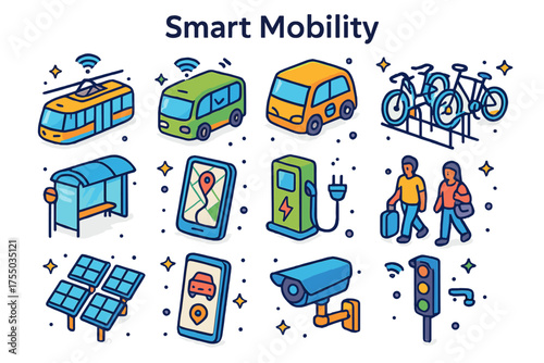 Smart Mobility Icons. Smart Mobility. Colorful isometric vector icons set of smart mobility: autonomous tram, self-driving bus, electric shuttle, bicycle rack,
