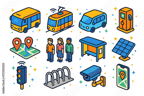 AI Transport Icons. AI Transport. Colorful isometric vector icons set of AI transport: self-driving bus, autonomous tram, electric shuttle, charging station,