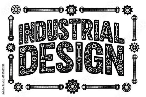 Mechanical Letters Art. Decorative Display Lettering: "Industrial Design" ? letters filled with miniature icons of gears, pistons, bearings, and mechanical