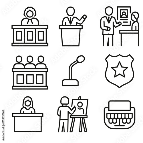 Courtroom Role Icons. Outline icon set of courtroom roles: judge bench, defense attorney at podium, prosecutor presenting evidence
