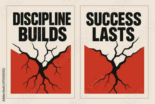 Discipline and Success Banners. Resilience. Two vertical A6 banners with safe margins, centered composition, no elements touching edges, brutalist style, black