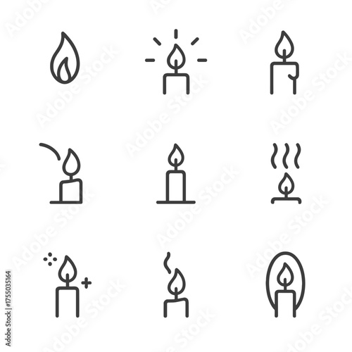 Candlelight Ambiance Icons. Outline icon set of candlelight ambiance: flame flicker, glow aura, wax drip, shadow play, reflection,