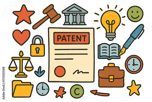 Patent Doodle Montage. Patent Case. Colorful Hand-drawn doodle Children illustration patent paper, gavel, courthouse, light bulb, book, pen, lock, scale of
