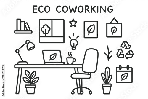 Eco Coworking Doodle Art. Eco coworking. Hand-drawn doodle illustration eco coworking desk, laptop, chair, plant, lamp, coffee cup, bookshelf, window, star,