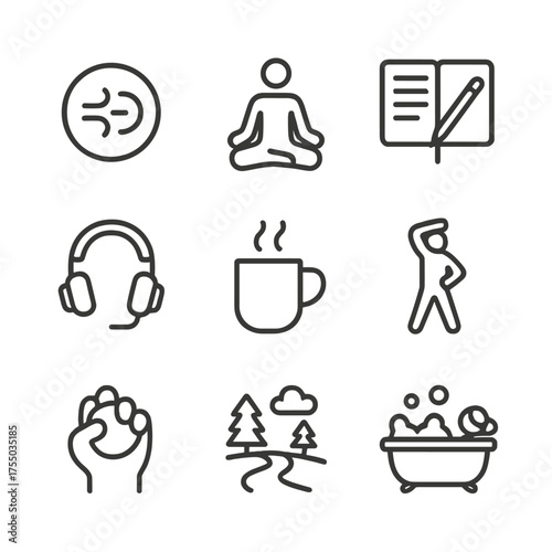 Coping Strategies Icons. Outline icon set of coping strategies under pressure: deep breathing, meditation pose, journal and pen,