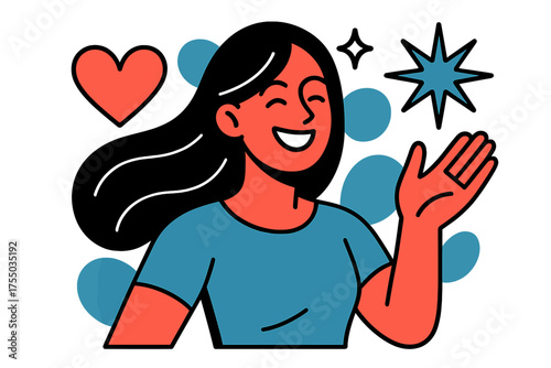 Glowing Joyful Persona. Happy Results. A glowing person smiling with silky smooth hair, abstract spark and heart icons symbolizing confidence and joy. Modern