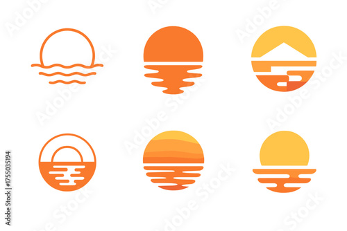 Sunset Sky Logos. Sunset Sky. Set Logo of Sunset Sky: sun reflection on water. harmonious logo variations of the same emblematic concept, each with different