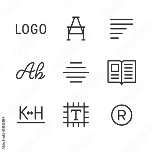 Branding Icon Outline Set. Outline icon set of Branding typography: logo wordmark, monogram, tagline, custom lettering,