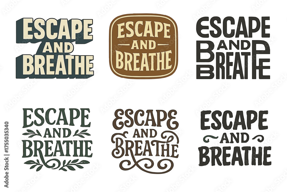Obraz premium Diverse Lettering Styles. Escape and Breathe Spirit. Set lettering. harmonious lettering variations of the same emblematic concept, each with different